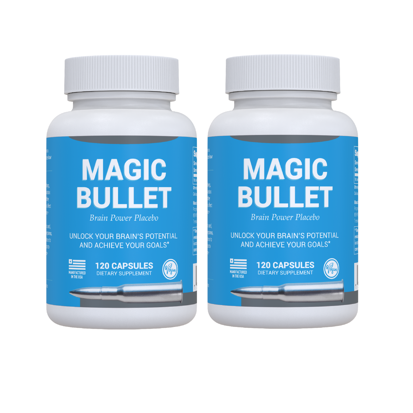 Magic Bullet Placebo Pills - 2 Pack – Happy Pills for Stress Relief – 120 White Vegan Capsules to Regain Confidence – Inert Capsules for Reaching Your Goals – Suitable for Adults, Teens, Men, Women