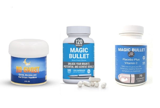 Progressive Placebo Family Starter Pack - 3 Items - Magic Bullet Capsules, Magic Bullet Jr Tablets, and No Ghost Monster Repellent Cream. Try Placebos with The Whole Family.