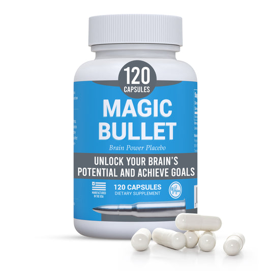 Magic Bullet Placebo Pills – Happy Pill for Stress Relief – 120 White Vegan Capsules to Regain Confidence – Inert Capsules for Reaching Your Goals – Suitable for Adults, Teens, Men, Women