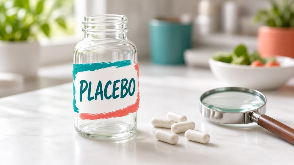 Clear pill bottle labeled PLACEBO with white capsules and a magnifying glass on a kitchen counter