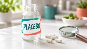Clear pill bottle labeled PLACEBO with white capsules and a magnifying glass on a kitchen counter